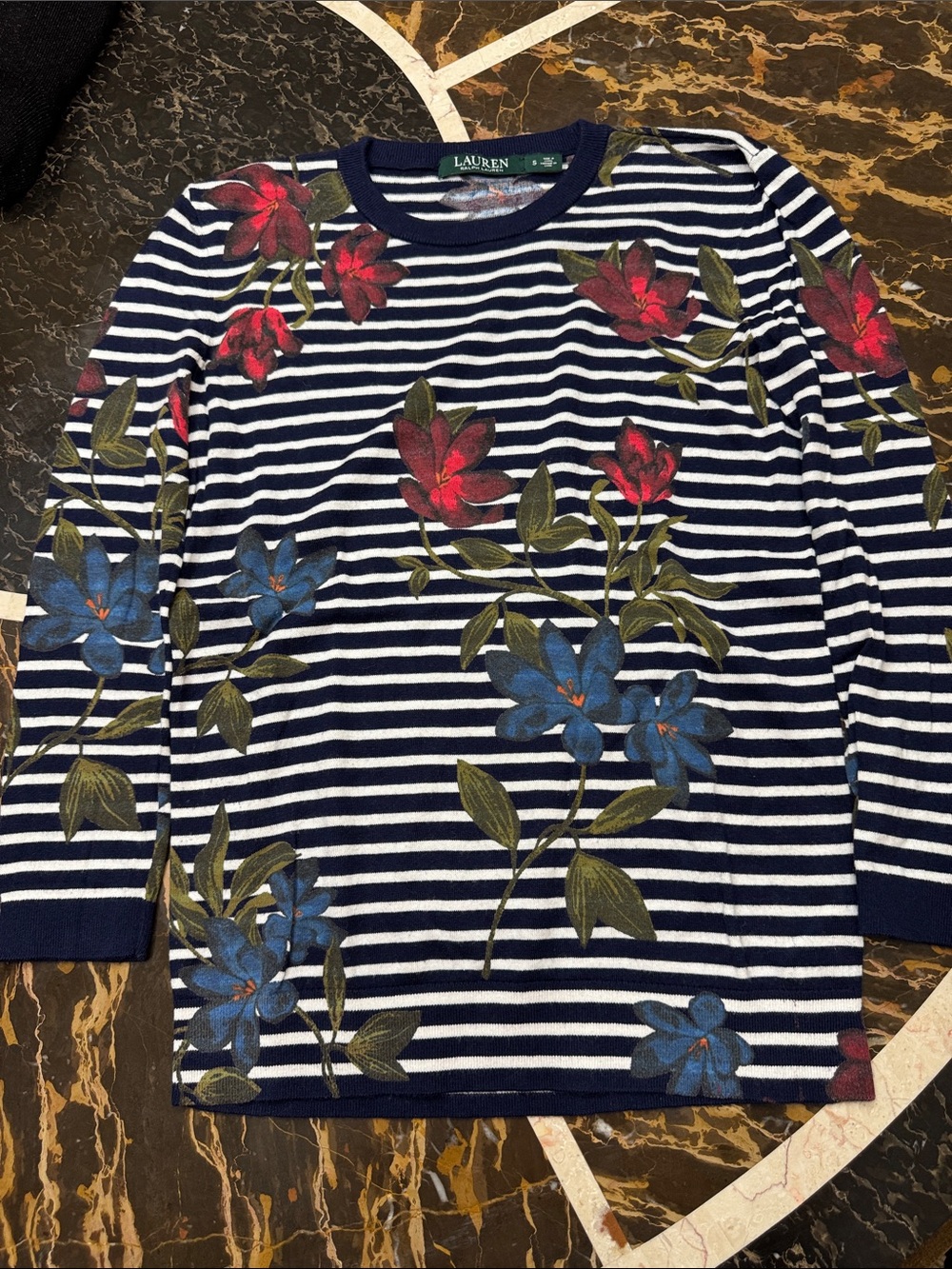Lauren Ralph Lauren Navy & White Striped Floral Long Sleeve Tee